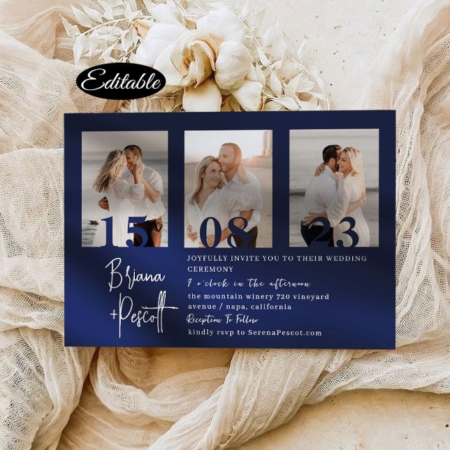 Romantic Navy Photo Collage Wedding Invitation (Creator Uploaded)
