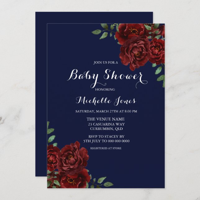 Romantic Navy & Red Rose Floral Baby Shower Invitation (Front/Back)