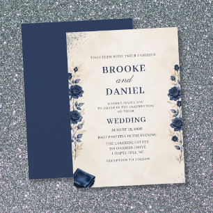 Romantic Navy Rose Cloth Edge Glitter Wedding Invitation