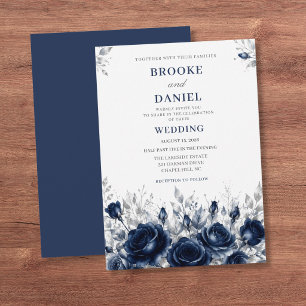 Romantic Navy Rose Silver Foliage Wedding Invitation