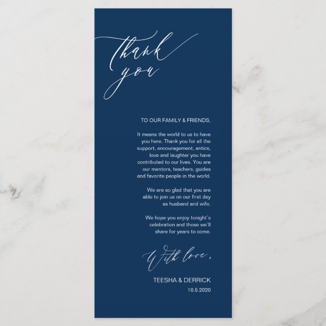Romantic Navy Script Place Setting Thank You Cards (Front)
