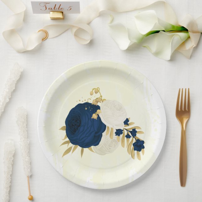 Romantic navy & white flowers gold paper plate (Wedding)