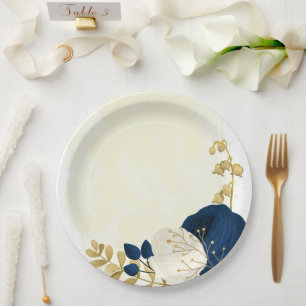 Romantic navy & white flowers gold paper plate