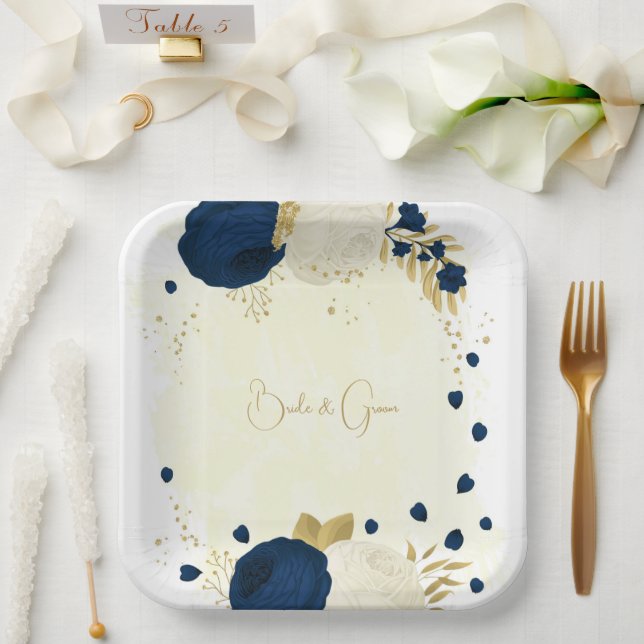 Romantic navy & white flowers gold paper plate (Wedding)