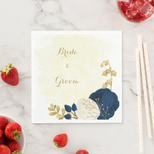 Romantic navy & white flowers gold wedding napkin