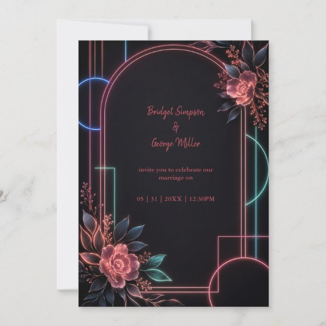 Romantic Neon Floral Wedding Arch Glow Invitation (Front)
