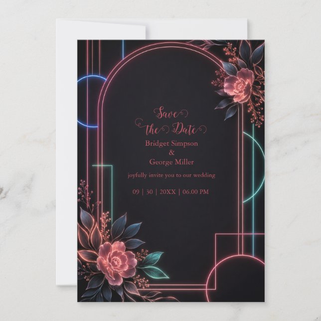 Romantic Neon Floral Wedding Arch Glow Invitation (Front)