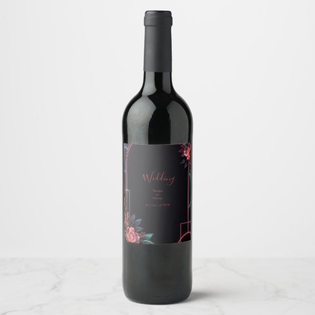 Romantic Neon Floral Wedding Arch Glow Wine Label (Front)