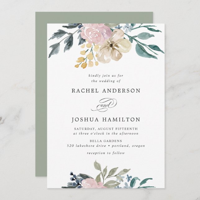 Romantic Neutral Blush Watercolor Floral | Wedding Invitation (Front/Back)