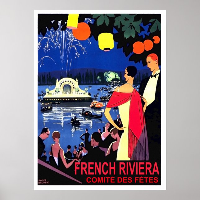 Romantic night at french riviera, vintage travel poster (Front)