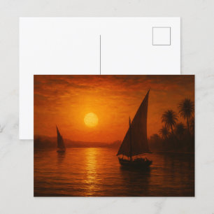 Romantic Nile Sailboats Golden Egyptian Postcard