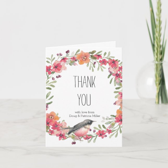 Romantic Oleander Bird Pink Floral Thank You Card (Front)