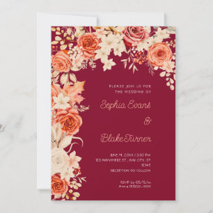 Romantic Orange and White Roses Burgundy Wedding Invitation