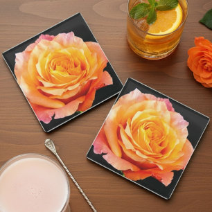 Romantic Orange English Rose  Glass Coaster