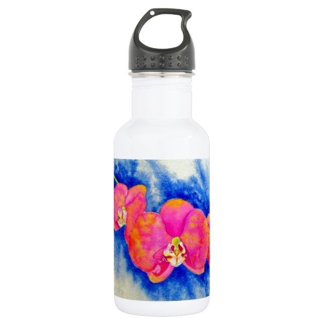 Romantic orange pink watercolor orchid painting  532 ml water bottle (Front)