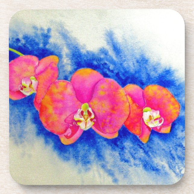 Romantic orange pink watercolor orchid painting  coaster (Front)