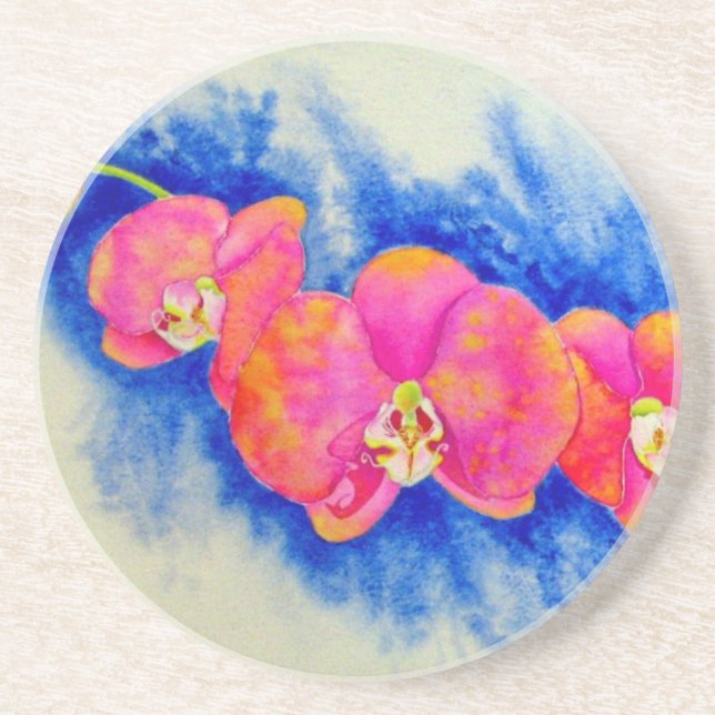 Romantic orange pink watercolor orchid painting  coaster (Front)