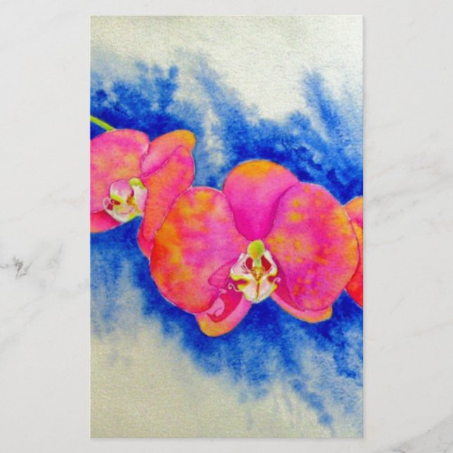Romantic orange pink watercolor orchid painting  stationery (Front)