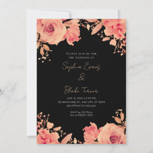 Romantic Orange Roses Summer Black Wedding Invitation