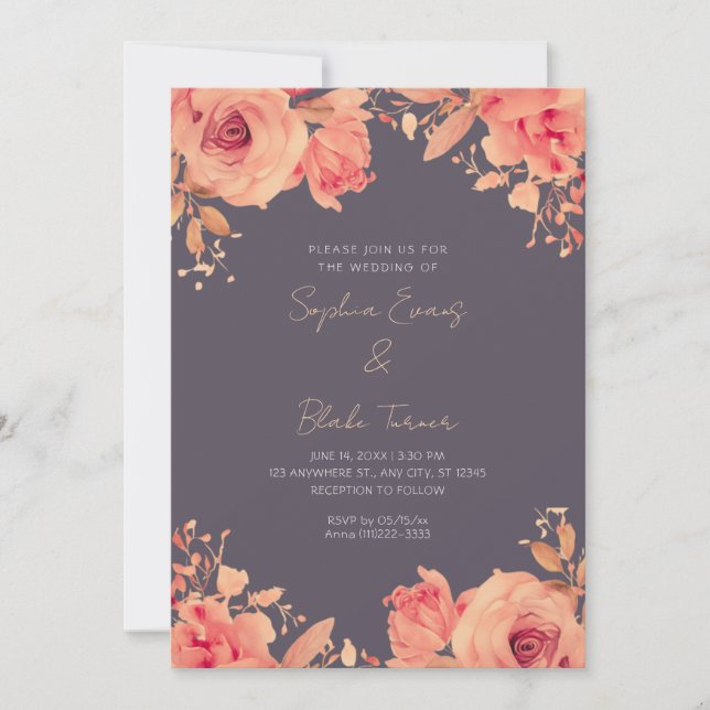 Romantic Orange Roses Summer Smoke Grey Wedding Invitation (Front)