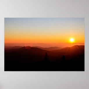 Romantic orange sunset in mountain poster