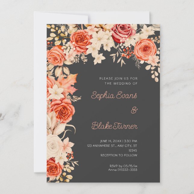 Romantic Orange & White Roses Shadow Grey Wedding Invitation (Front)