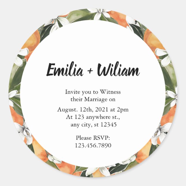 Romantic Oranges Citrus Wedding Classic Round Sticker (Front)