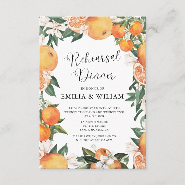 Romantic Oranges Rehearsal Dinner Night Before  Enclosure Card (Front)