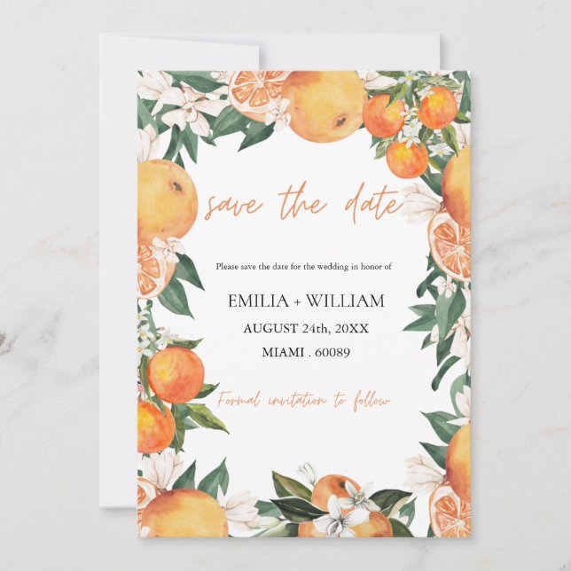 Romantic Oranges Wedding Photo Save the date Invitation (Front)