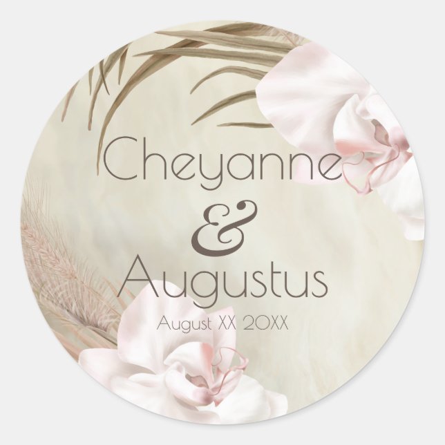 Romantic Orchids and Pampas Grass Wedding Classic Round Sticker (Front)