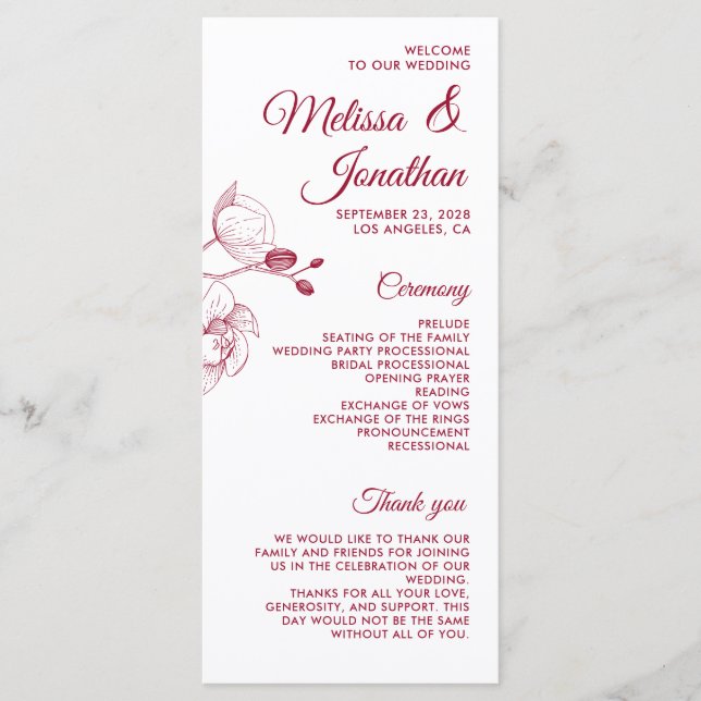 Romantic orchids elegant modern wedding program menu (Front)
