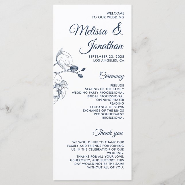 Romantic orchids elegant modern wedding program menu (Front)