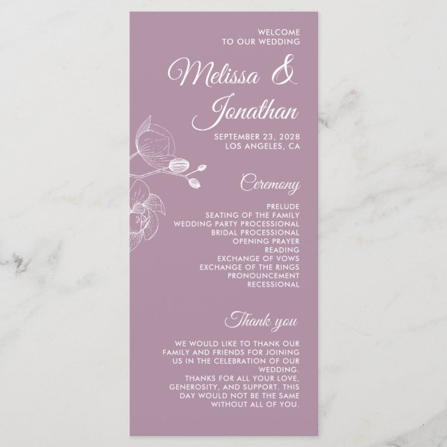 Romantic orchids elegant modern wedding program menu (Front)