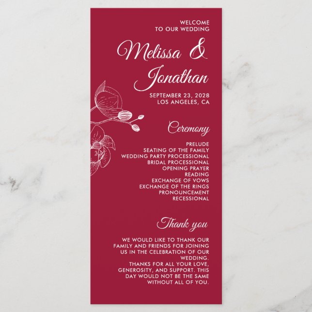 Romantic orchids elegant modern wedding program menu (Front)