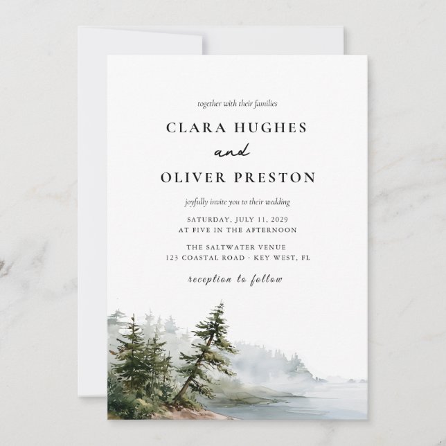 Romantic Oregon Coast Pine Landscape Wedding  Invitation (Front)