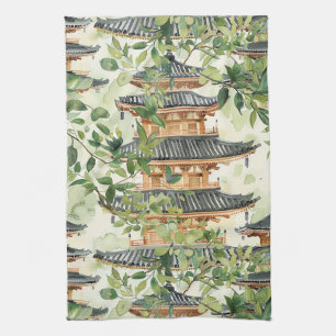 Romantic Pagoda Forest Coral Chinoiserie Tea Towel