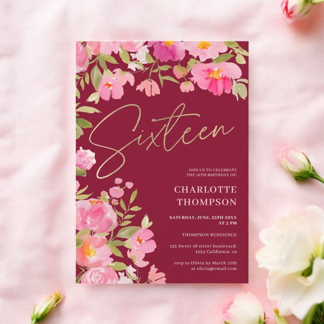 Romantic Painted Pink Floral burgundy Sweet 16 Invitation (Romantic Painted Pink Floral burgundy Sweet 16 Invitation)