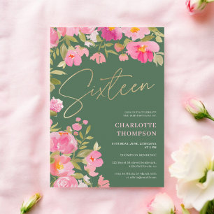 Romantic Painted Pink Floral green Sweet 16 Invitation