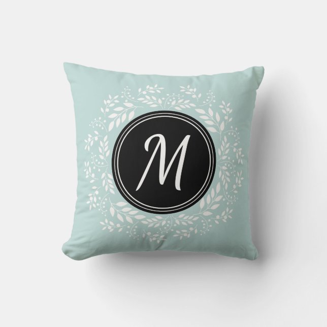 Romantic Pale Blue Floral Black Custom Monogram Cushion (Front)