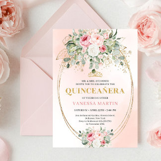 Romantic Pale Pink Eucalyptus Quinceañera Invite