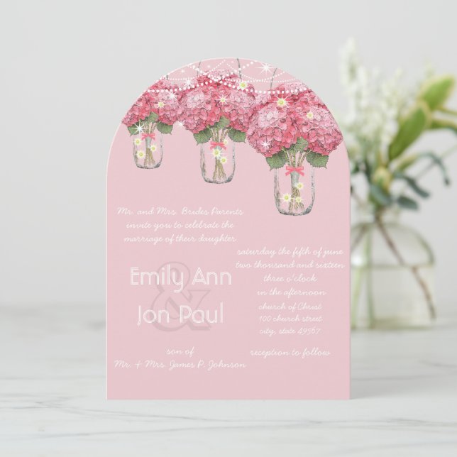 Romantic Pale Pink Mason Jar Firefly Wedding Invitation (Standing Front)