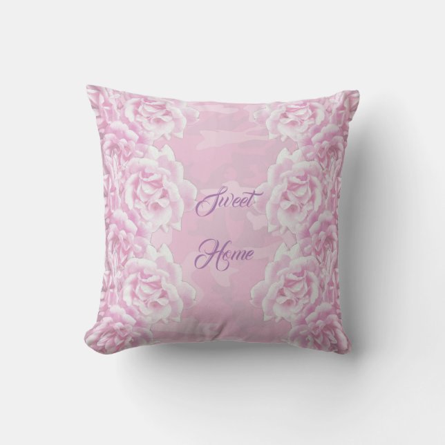 Romantic pale pink roses on pink camouflage  cushion (Front)