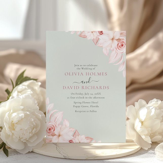 Romantic Pale Pink Roses Wedding Invitation (Romantic Pale Pink Roses Wedding Invitation on a wedding table with white peonies)