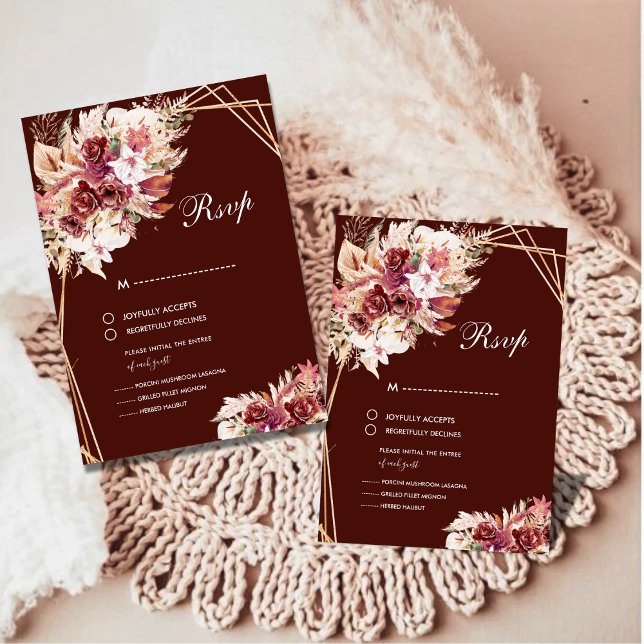 Romantic Pampas Wine Red Floral Wedding RSVP Card (Creator Uploaded)