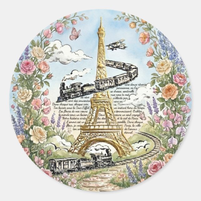 Romantic Paris, Eiffel Tower, French Art Classic Round Sticker (Front)