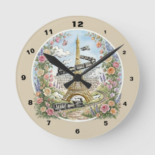 Romantic Paris, Eiffel Tower, French Art Round Clock