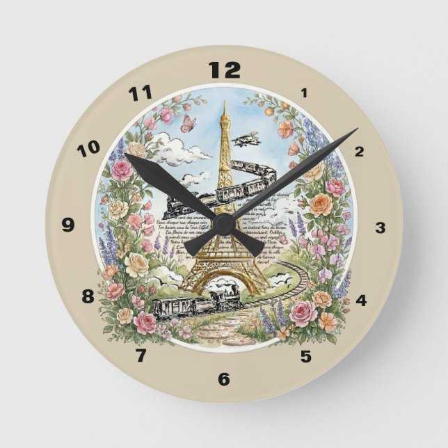 Romantic Paris, Eiffel Tower, French Art Round Clock (Front)
