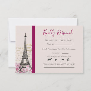 Romantic Paris Eiffel Tower Pink Blossoms Burgundy RSVP Card