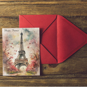 Romantic Paris Eiffel Tower Watercolor Floral Postcard
