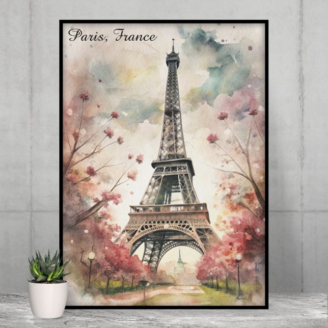 Romantic Paris Eiffel Tower Watercolor Floral Poster (Romantic Paris Eiffel Tower Watercolor Floral Poster)